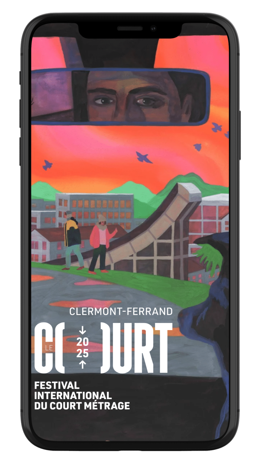 Smartphone montrant l'affiche 2025 du festival et son logo