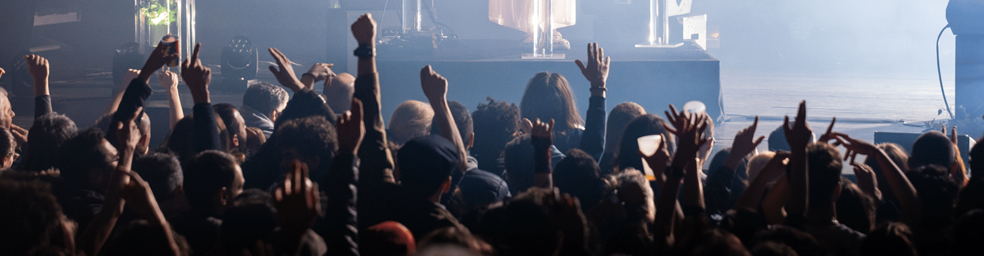 Une foule de gens vue de loin et de dos face à une scène musicale, lors d'un concert